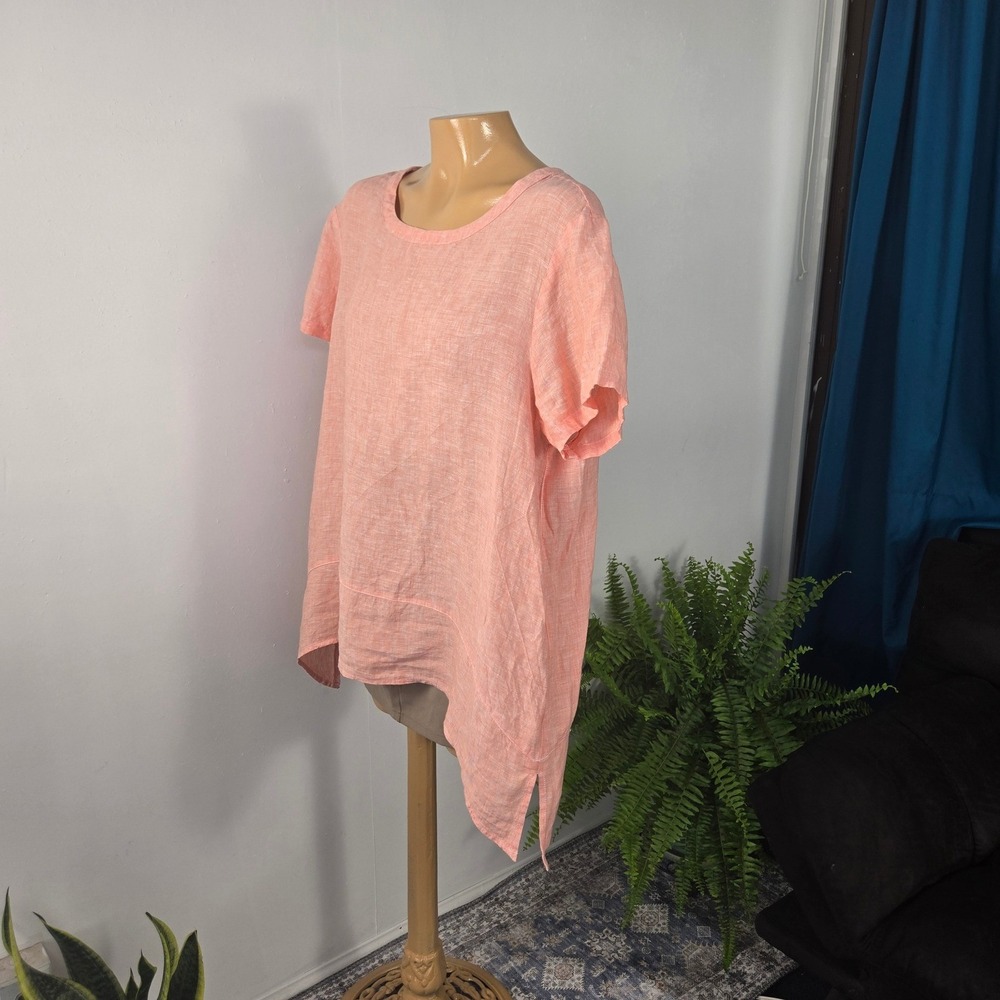 Saks Fifth Avenue Womens Top Linen XL Coral Sharkbite Hem Short Sleeve Coastal